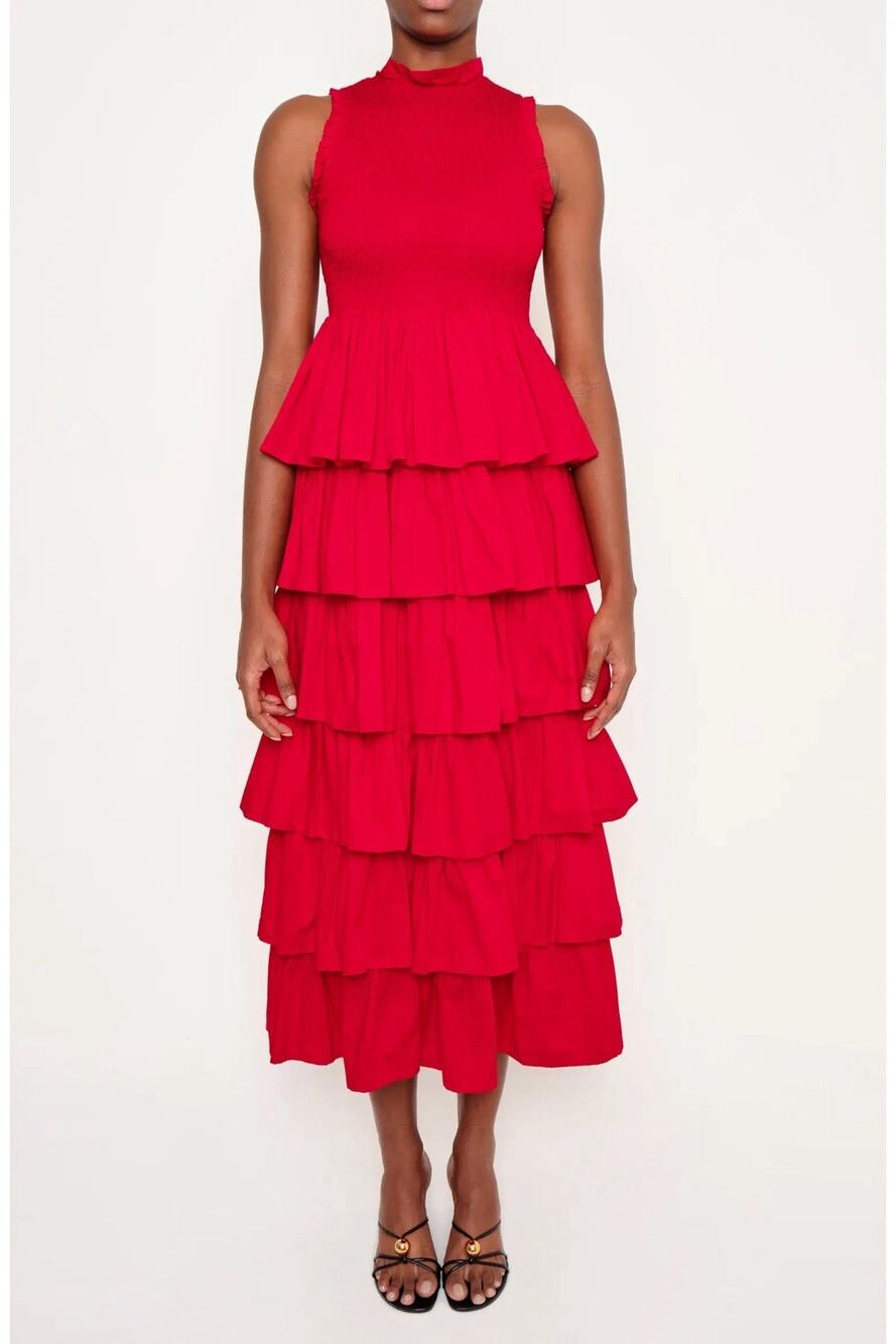 The Lulo Project The Reign Red Ruffle Tiered Smocked Bodice Maxi Dress M NWT